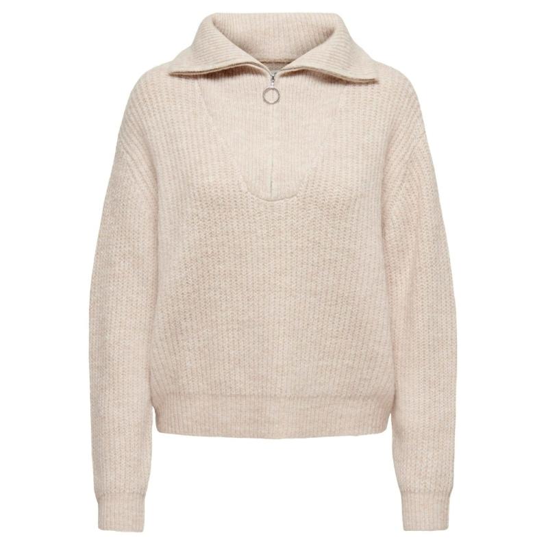 Dame Striktrøje med Halfzip - Cloud Dancer Melange