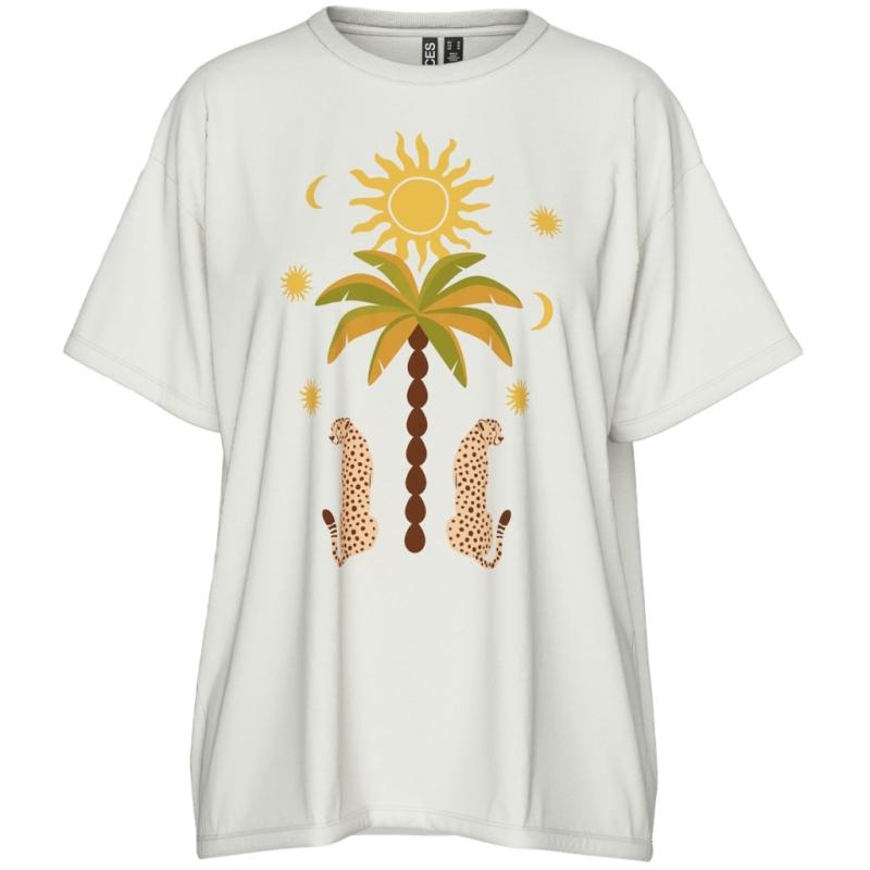 Dame T Shirt Pchannah Cloud Dancer Palm Cheetah fra Pieces