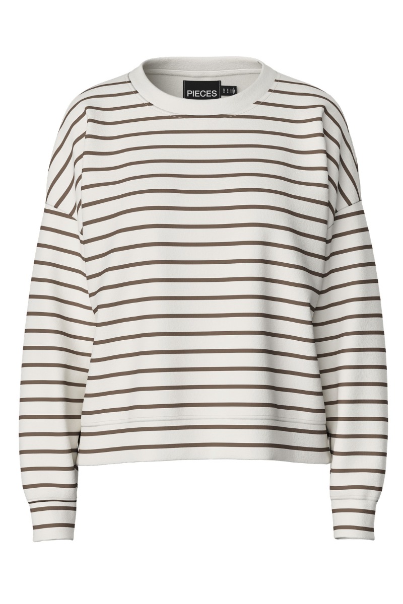 Bluse   Pc Chilli Ls Sweat Stripes   Cloud Dancer Morel fra Pieces