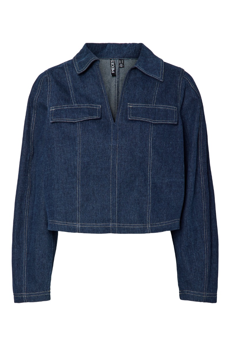 Bluse   Pc Fabia Ls V Neck Denim Top Au24   Dark Blue Denim fra Pieces