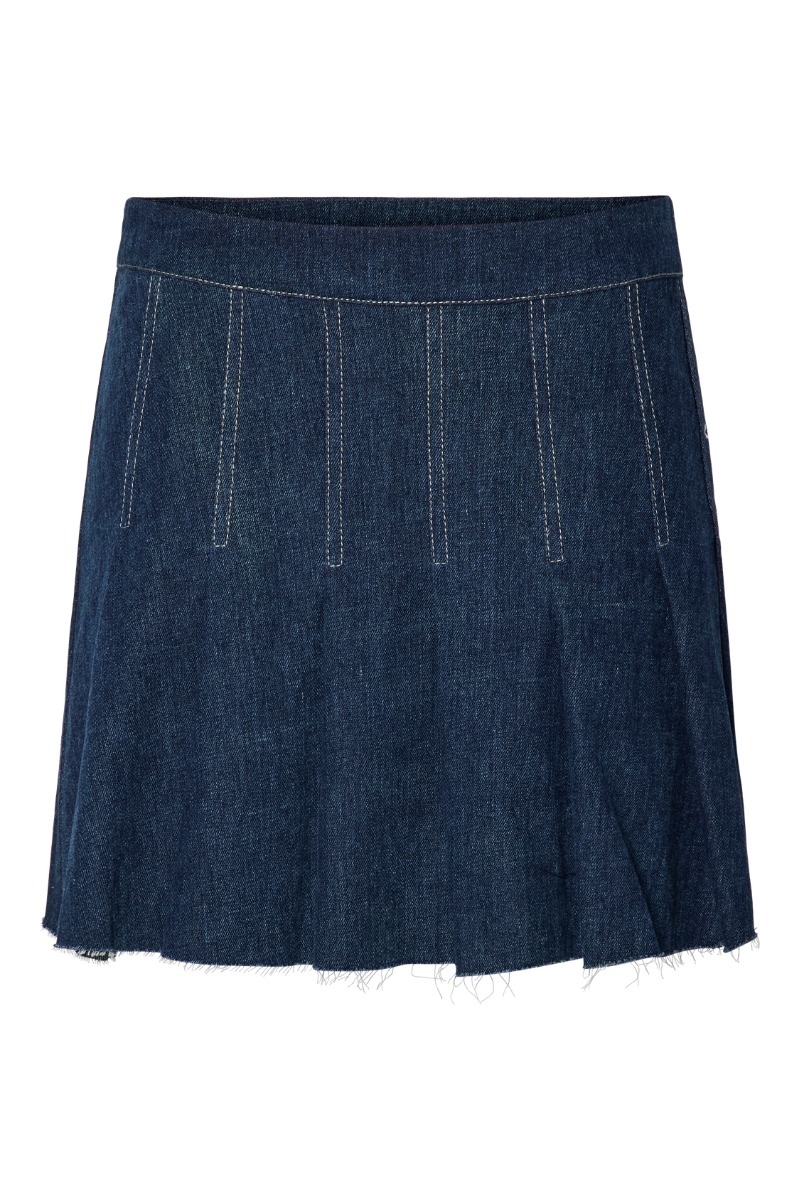 Plisseret Denim Nederdel i Mørkeblå fra Pieces