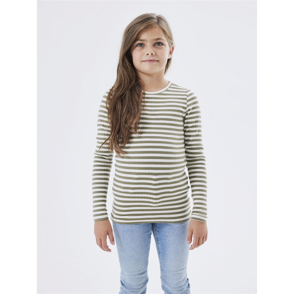 Stribet Langærmet Rib Bluse Deep Lichen Green fra Name It