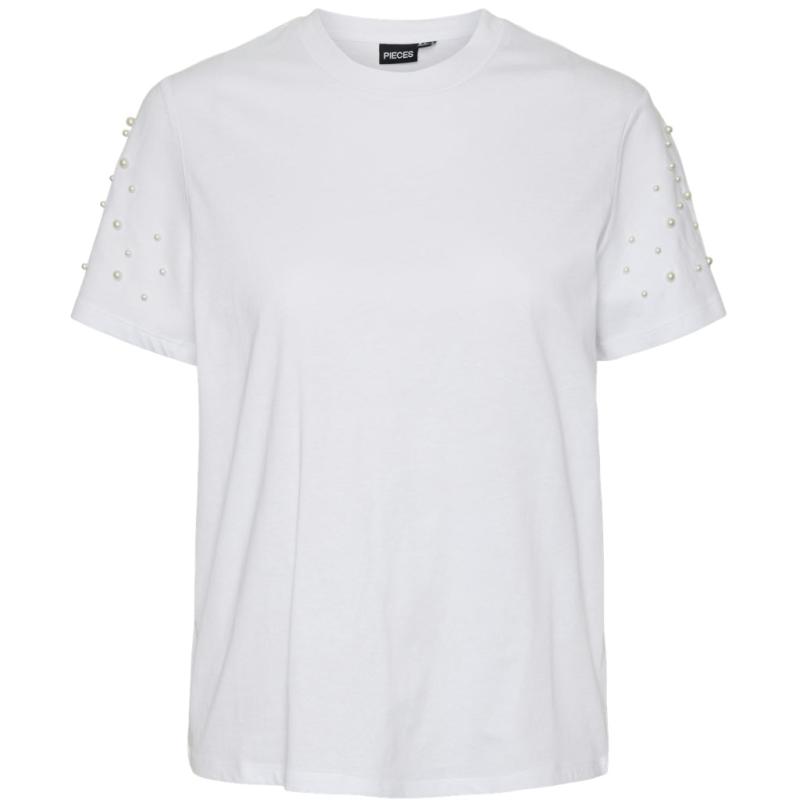 Dame T Shirt Pcrine Bright White Pearl On Sleeve fra Pieces