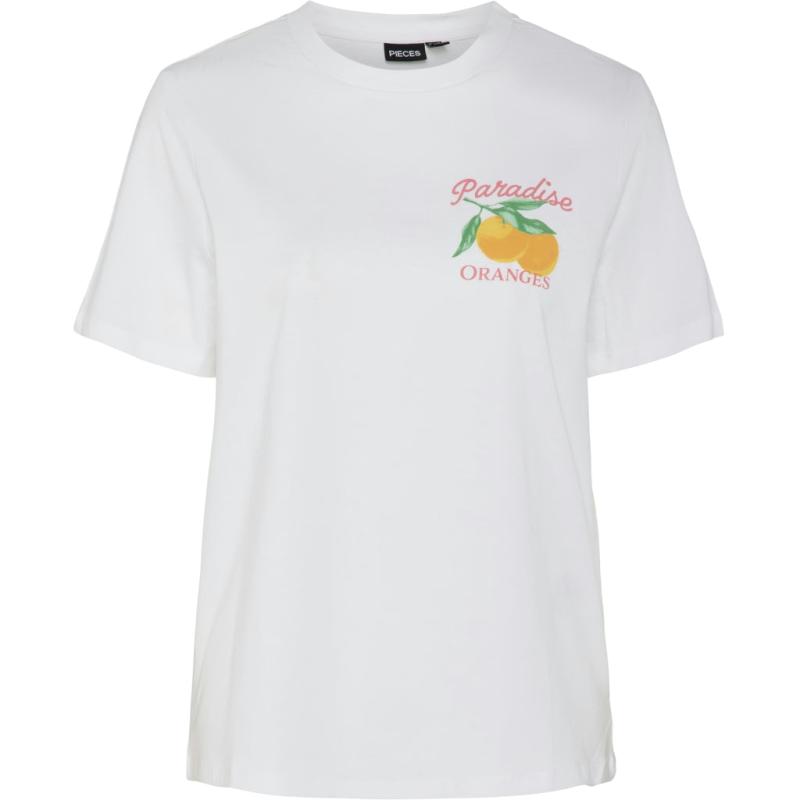 Dame T Shirt Pcsummer   Bright White Print Paradise Oranges fra Pieces
