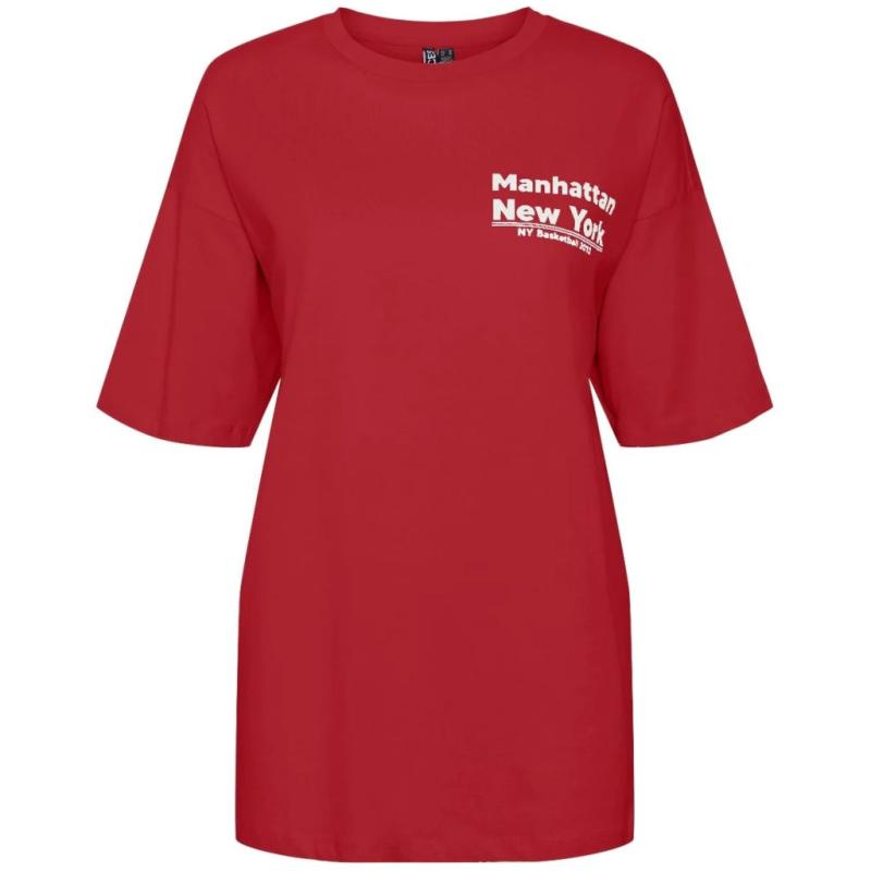 Dame T Shirt Pcskylar   High Risk Red Detail:white Text fra Pieces
