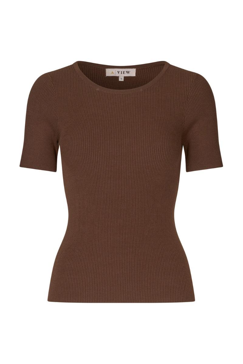 A View   T Shirt   Rib Knit Short Sleeve Top   Brown (levering Slut Februar) fra A-view