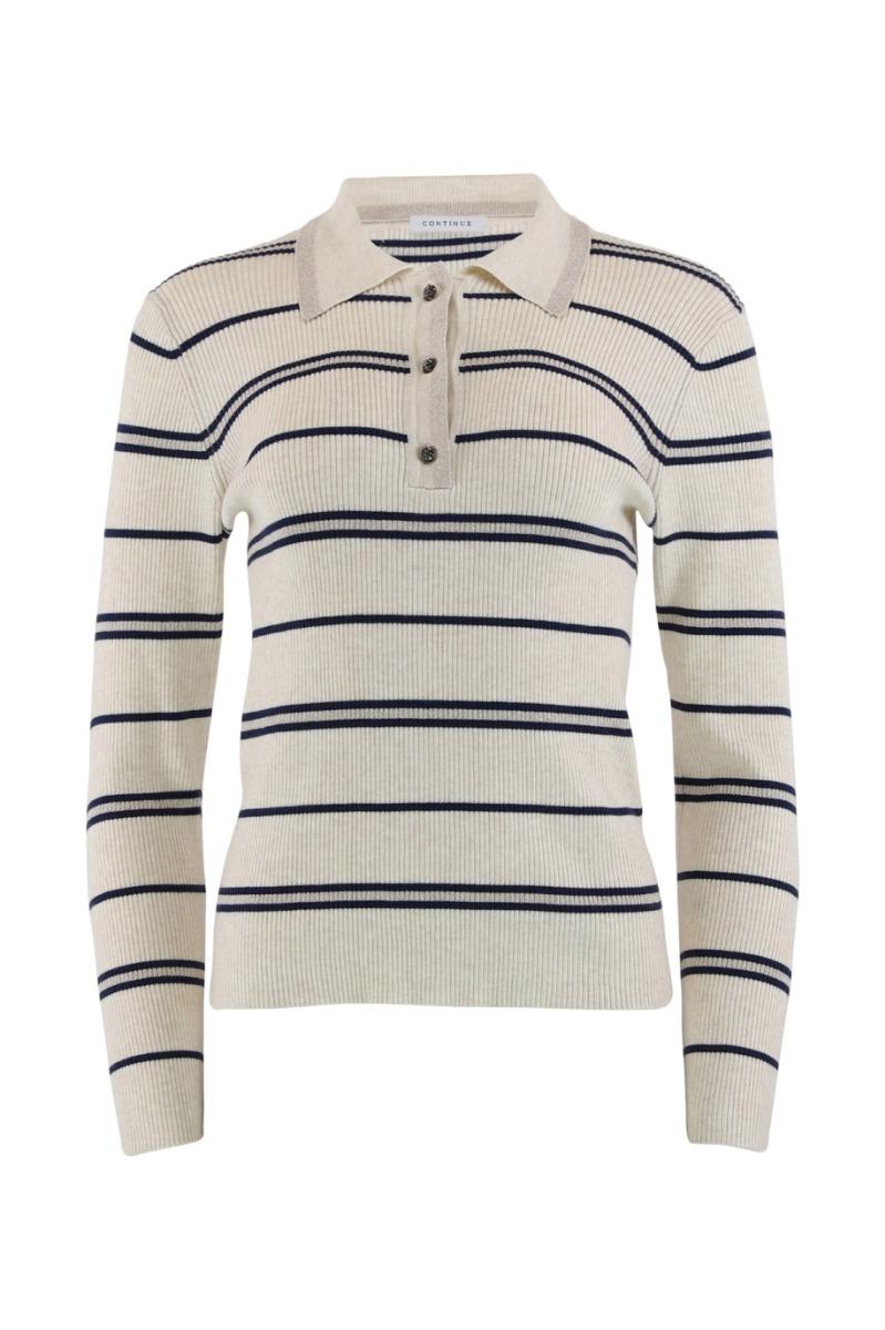 Bluse   Eva Polo Knit Stripe   Off White Navy Stripe fra Continue