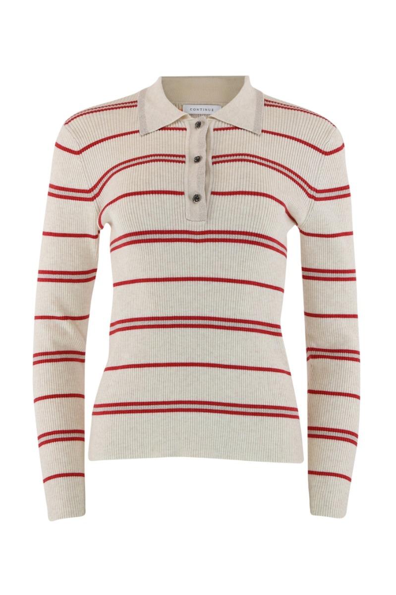 Bluse   Eva Polo Knit Stripe   Red Stripe fra Continue