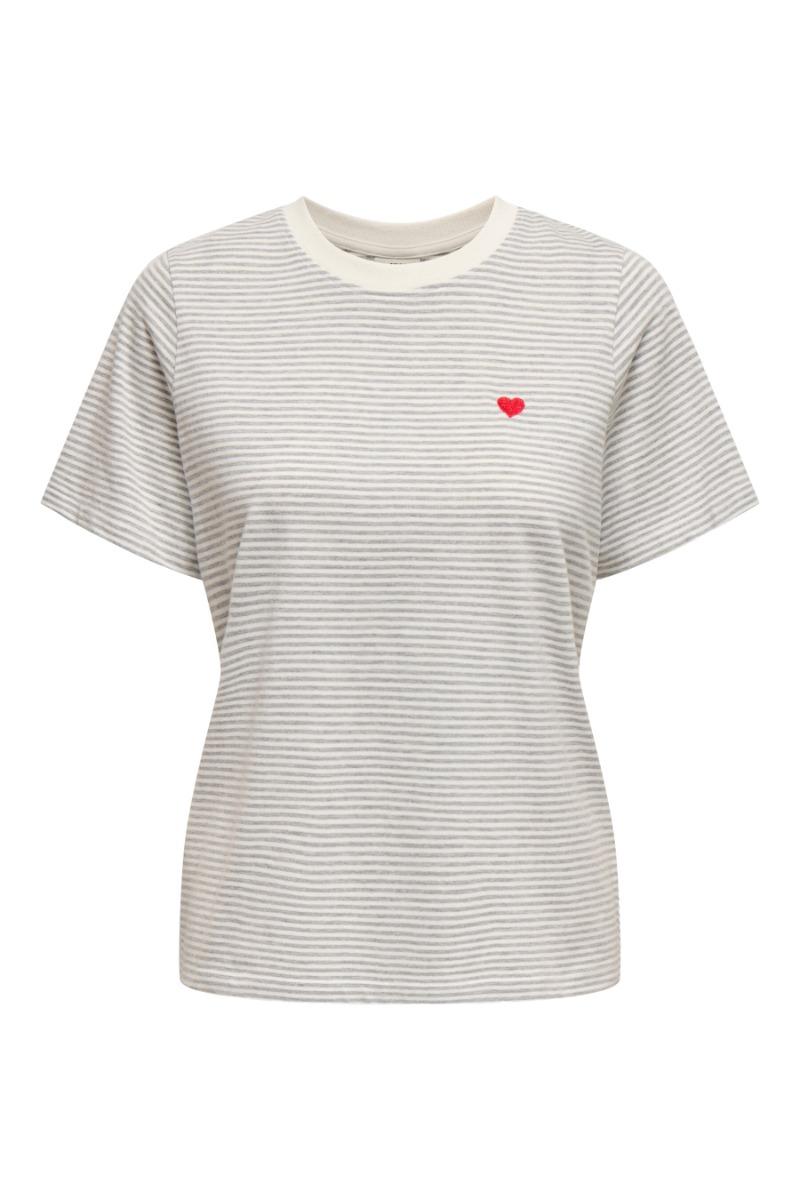T Shirt   Pisa S S Print Top   Cloud Dancer Stripes And Bs Heart fra Jdy