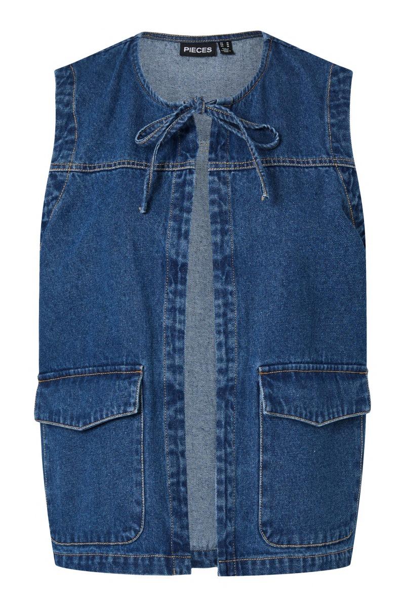 Vest   Fenna O Neck Tie Denim Vest   Dark Blue Denim fra Pieces