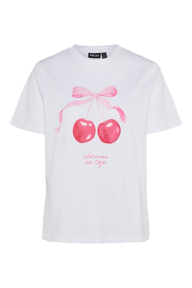 T Shirt   Scarlett Ss Printed T Shirt   Bright White Cherry fra Pieces