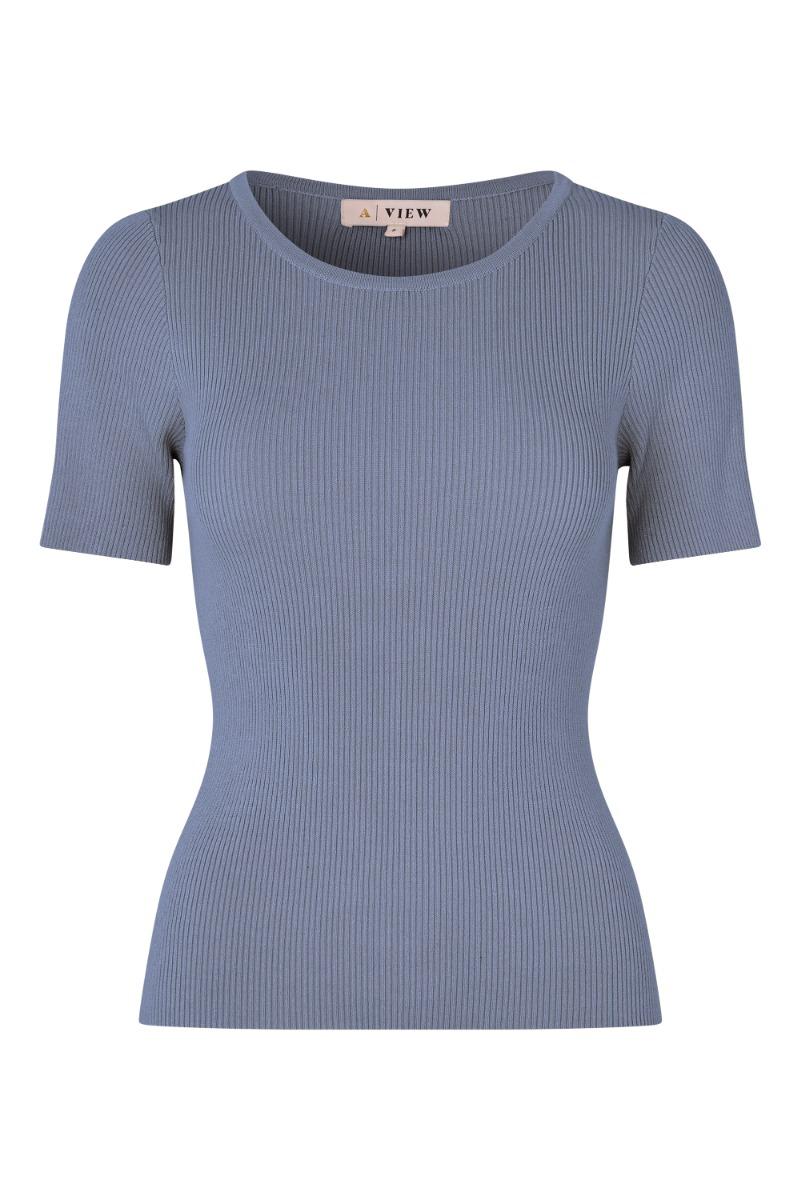 A View T Shirt Rib Knit Short Sleeve Top Dusty Blue fra A-view