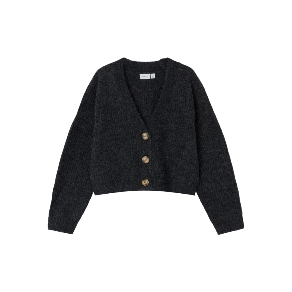 Kort Strik Cardigan Holly Dark Grey Melange fra Name It