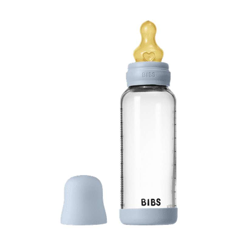 Bottle Sutteflaskesæt Glas Latex Medium Flow Rund 240 Ml. Baby Blue fra Bibs