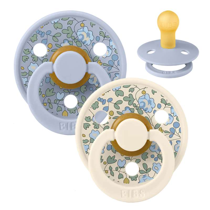Rund Colour Sut 2 Pak Str. 1 Naturgummi Liberty Eloise Dusty Blue Mix fra Bibs