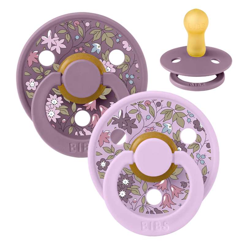 Rund Colour Sut   2 Pak   Str. 2   Naturgummi   Liberty   Chamomille Lawn Violet Sky Mix fra Bibs