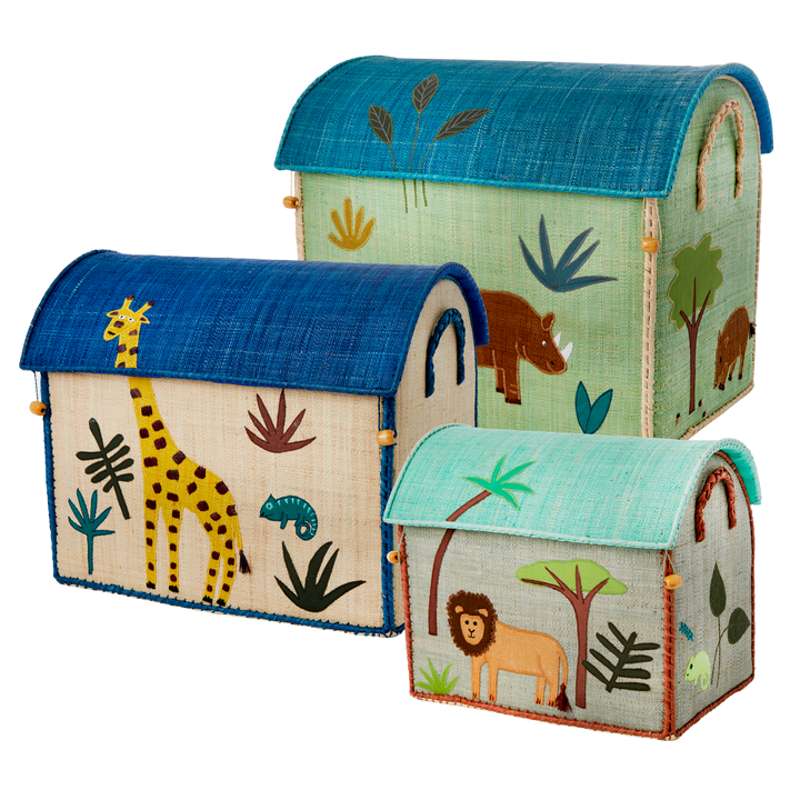 Raffia Opbevaringshuse   Jungle Animals   Grøn Blå   3 Stk. fra Rice