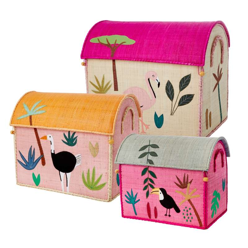 Raffia Opbevaringshuse   Jungle Animals   Pink   3 Stk. fra Rice