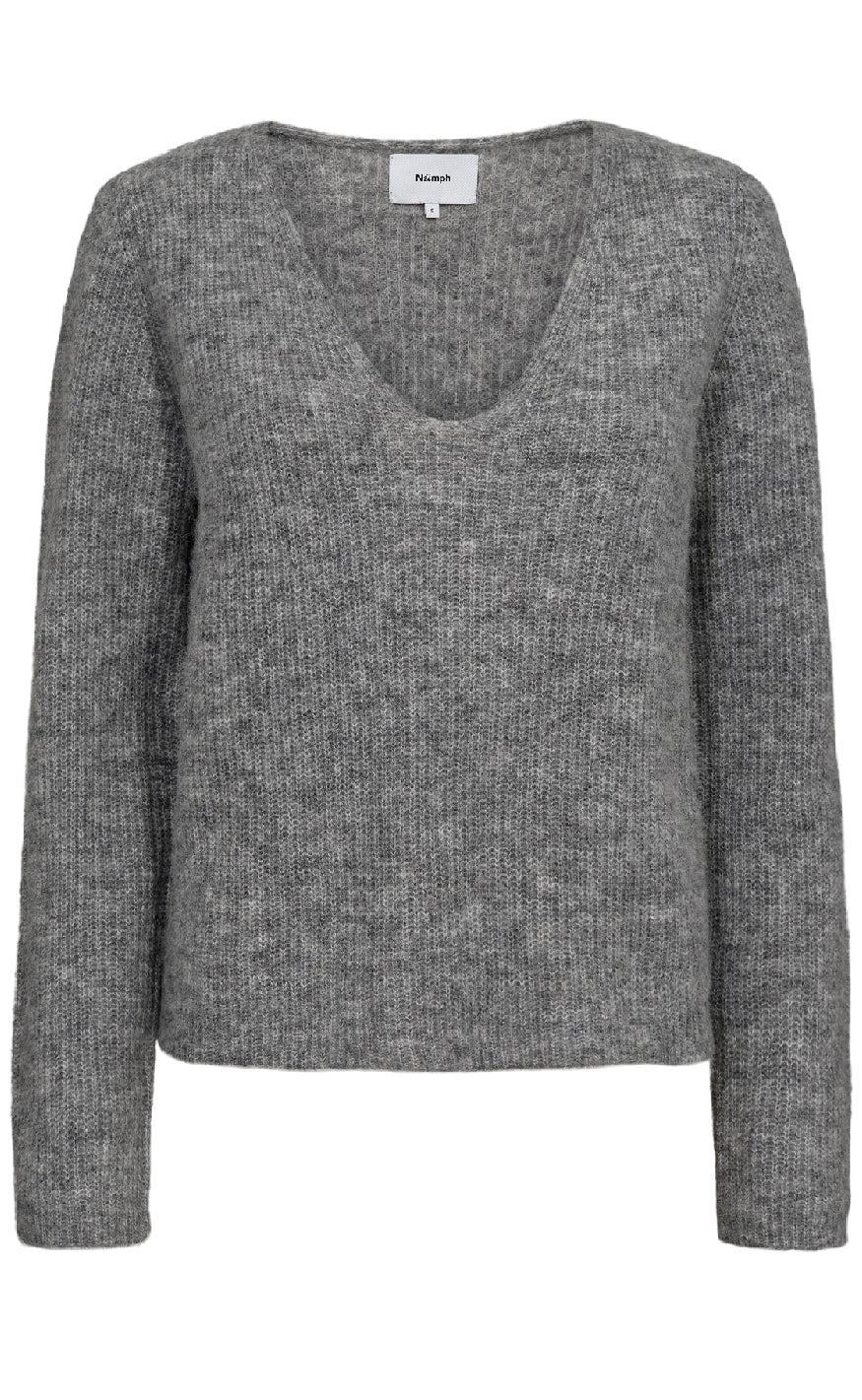 Pullover   Riette Rib V Neck   Medium Grey Mel fra Nümph