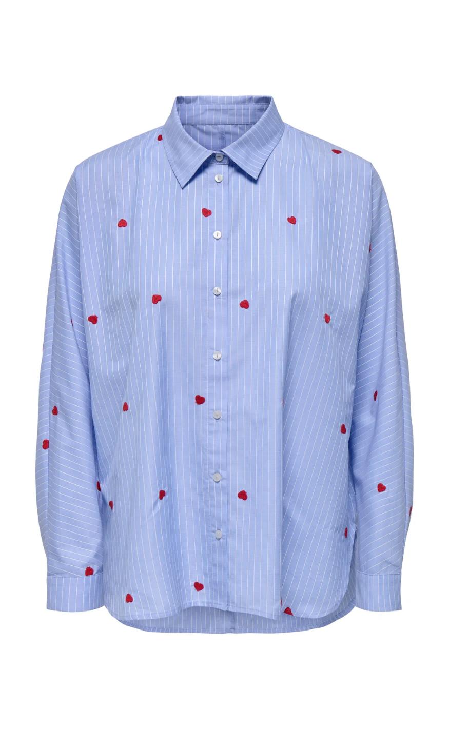 Skjorte   Lina Grace   Moonlight Blue Stripe W. Red Heart fra Only