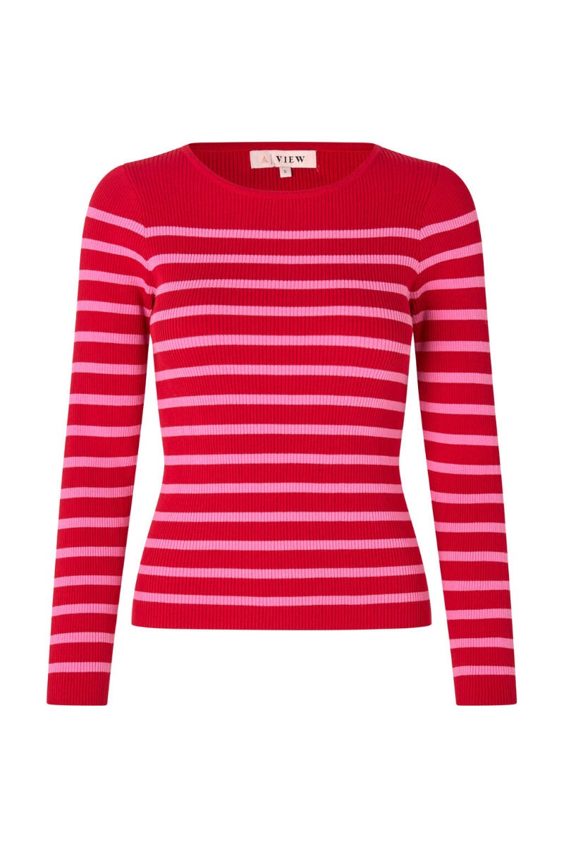A View   Bluse   Rib Stripe Knit Blouse   Rose Red fra A-view