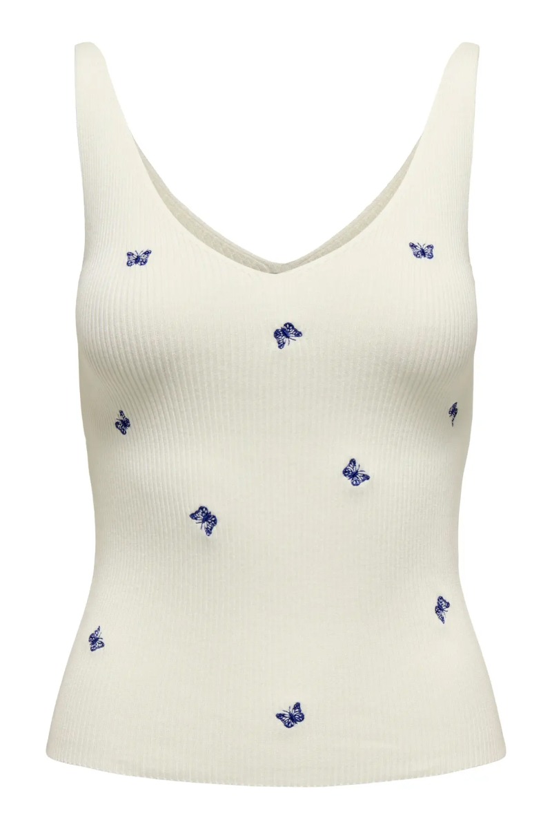 Top   Nanna S L Embroidery Top   Cloud Dancer Dazzling Blue Butterfly fra Jdy