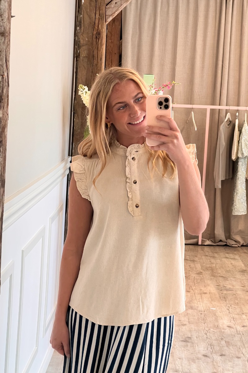 Top   Say S L Linen Frill Top   Oatmeal Melange fra Jdy