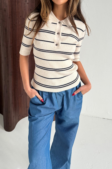 T Shirt   Eva Polo Ss   Sand Blue Sripe (levering Midt April) fra Continue