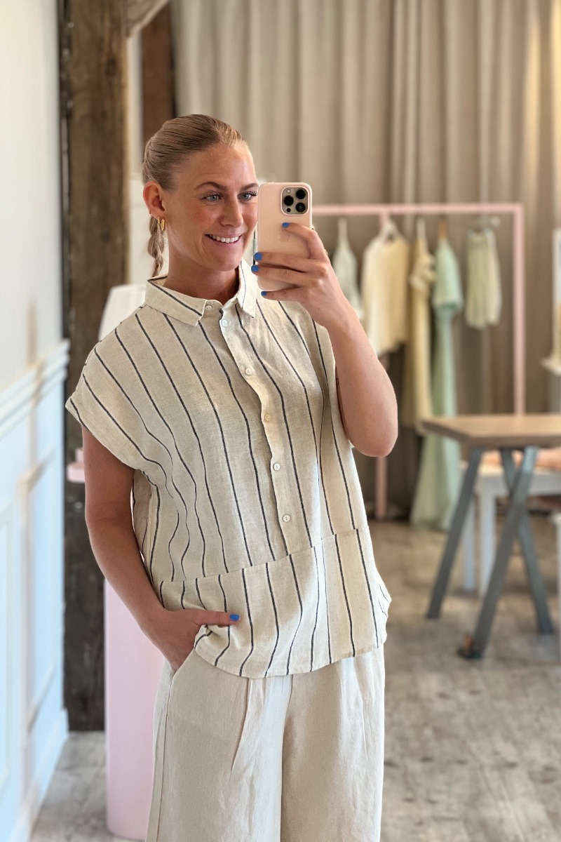 Skjorte   Ih Linno Sh3   Natural Ecru Stripe fra Ichi