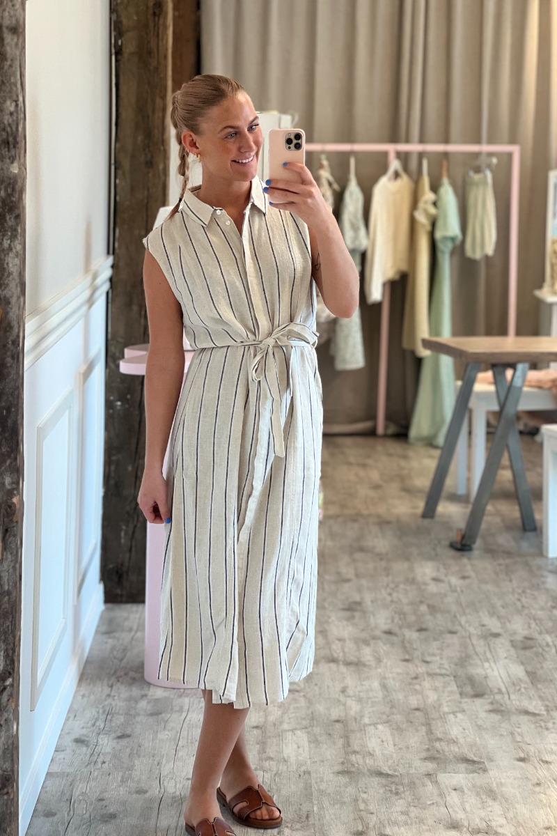 Kjole   Ih Linno Dr2   Natural Ecru Stripe fra Ichi