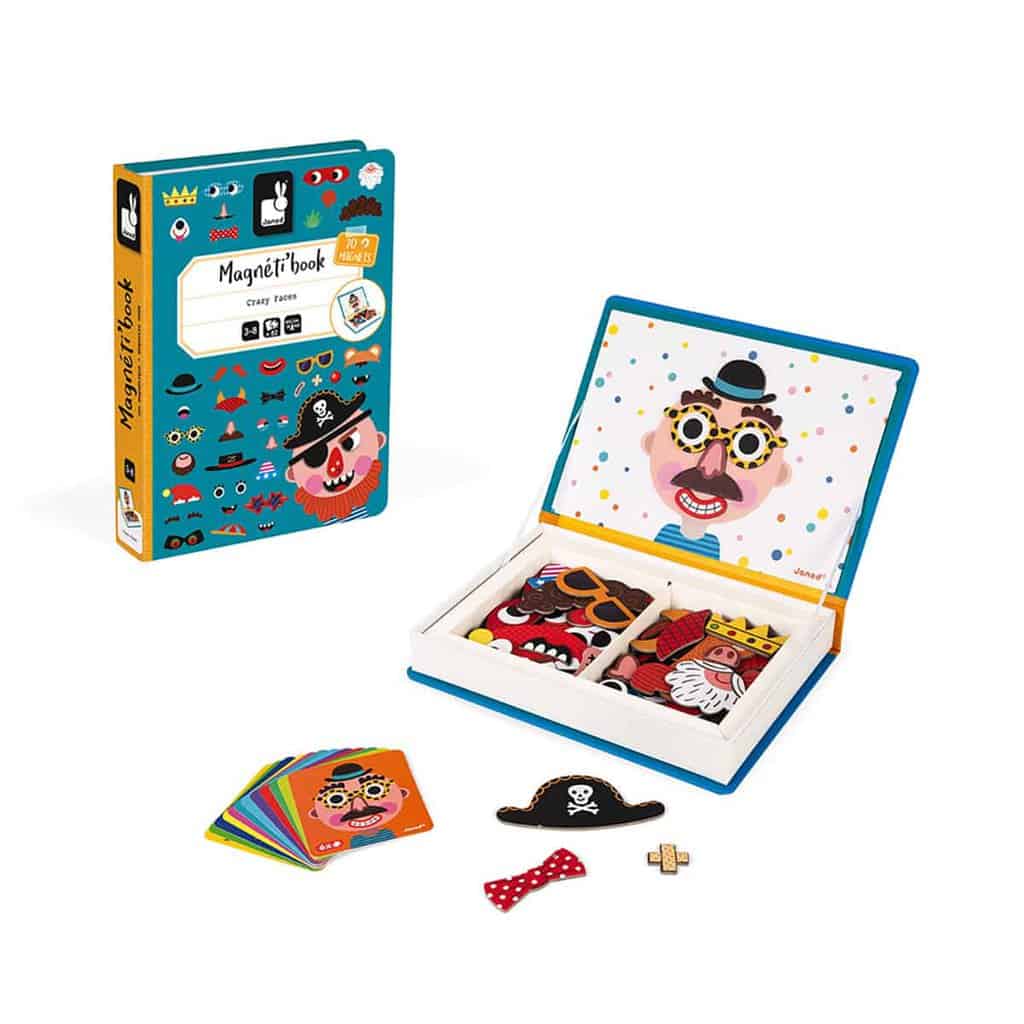 Boyâs Crazy Faces Magnetibook fra Janod