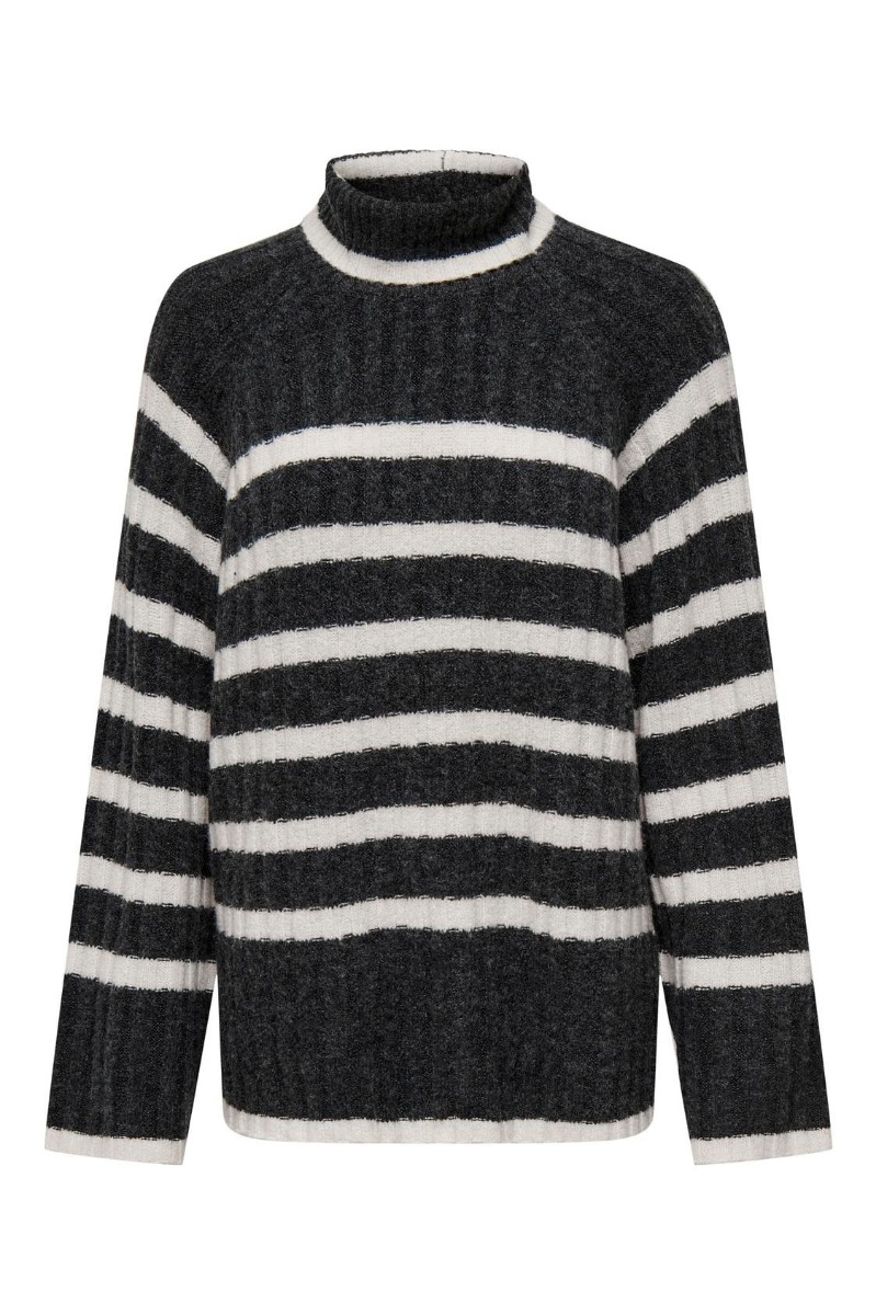 Strik     Miley L S Long Stripe Pullov Knt Noos   Dark Grey Melange W. Birch Mel Stripes fra Jdy