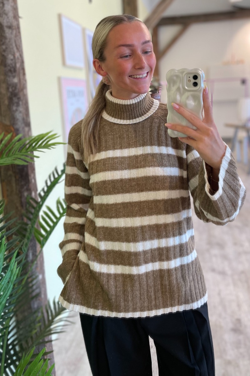 Strik     Miley L S Long Stripe Pullov Knt Noos   Malt Ball W. Birch Mel Stripes fra Jdy