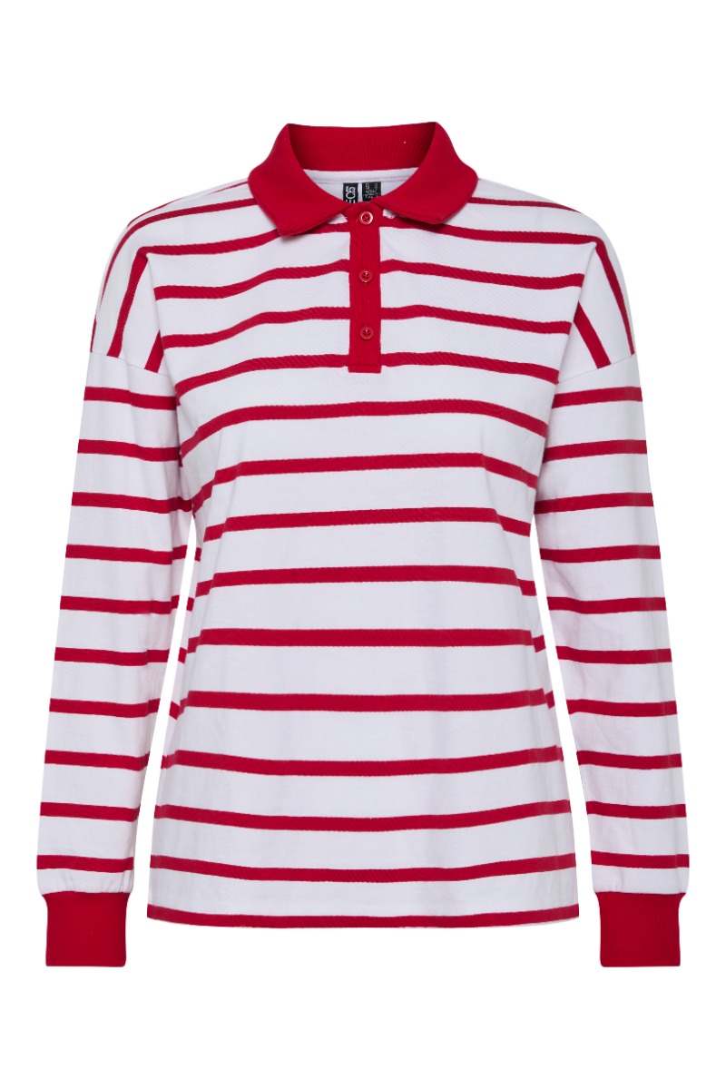 Bluse   Pc Amilie Ls Polo   Bright White Red fra Pieces