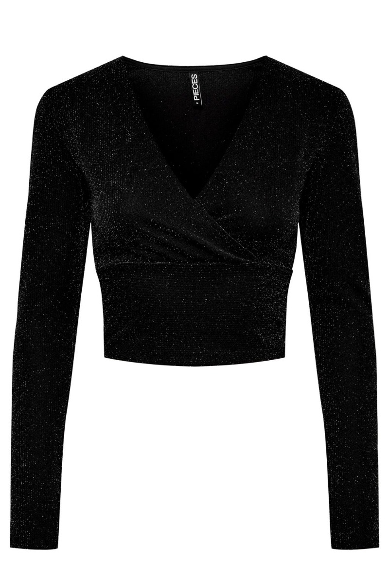 Bluse Pc Lina Ls Cropped V Neck Top Black fra Pieces