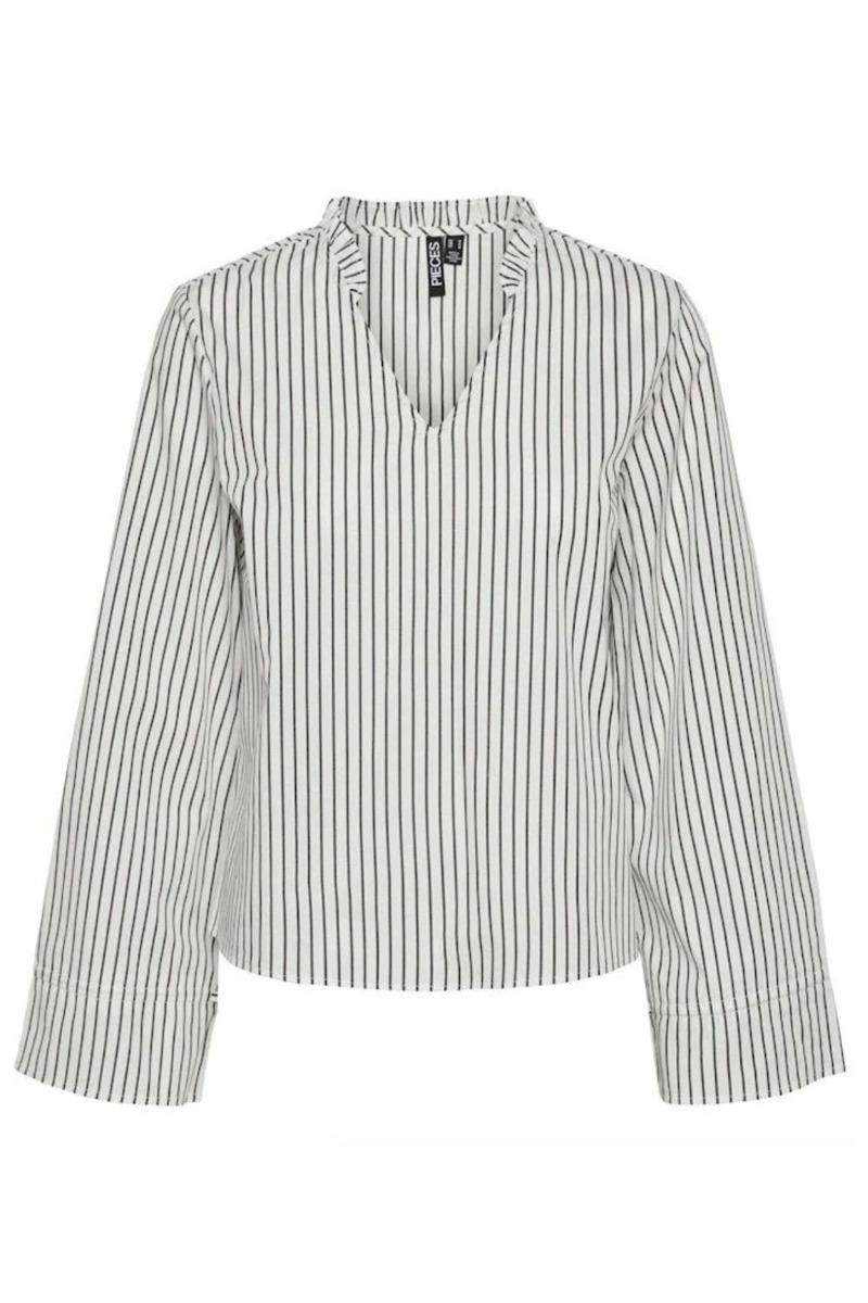 Bluse   Pc Penny Ls Tie String Blouse   Bright White Black fra Pieces