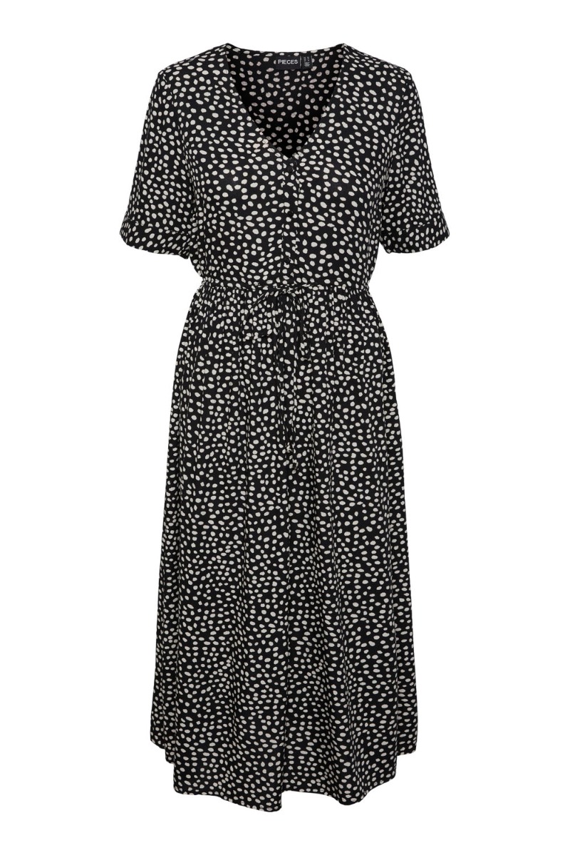 Kjole   Pc Tala Ss String Midi Dress Wvn Noos Bc   Black White Dot fra Pieces