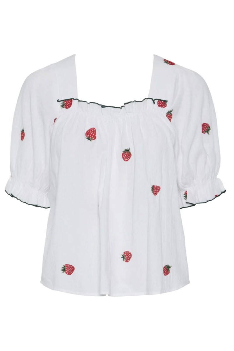 Top   Pc Selena Ss Square Neck Top   Bright White Strawberries fra Pieces