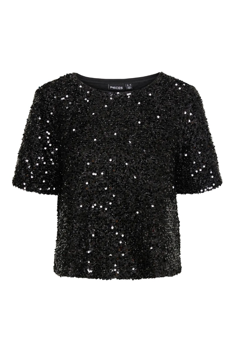Top   Pc Serena Sequin Ss O Neck Top   Black fra Pieces