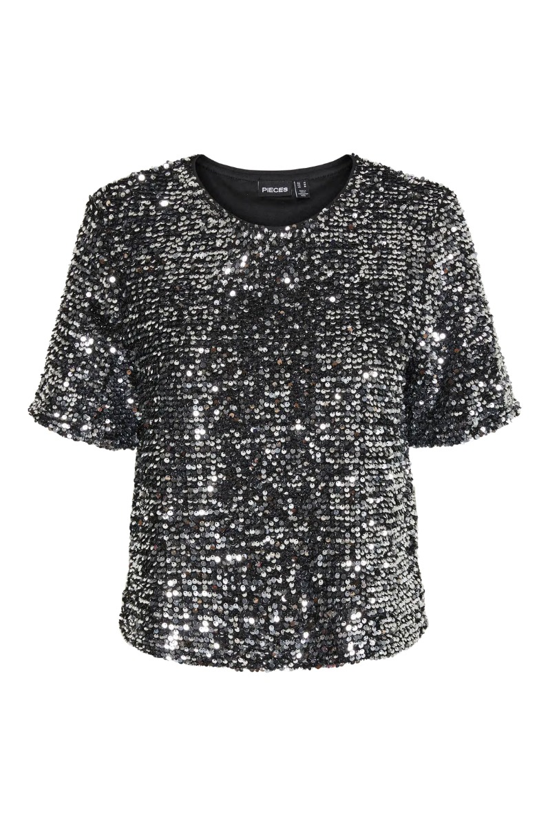 Top   Pc Serena Sequin Ss O Neck Top   Black Silver fra Pieces